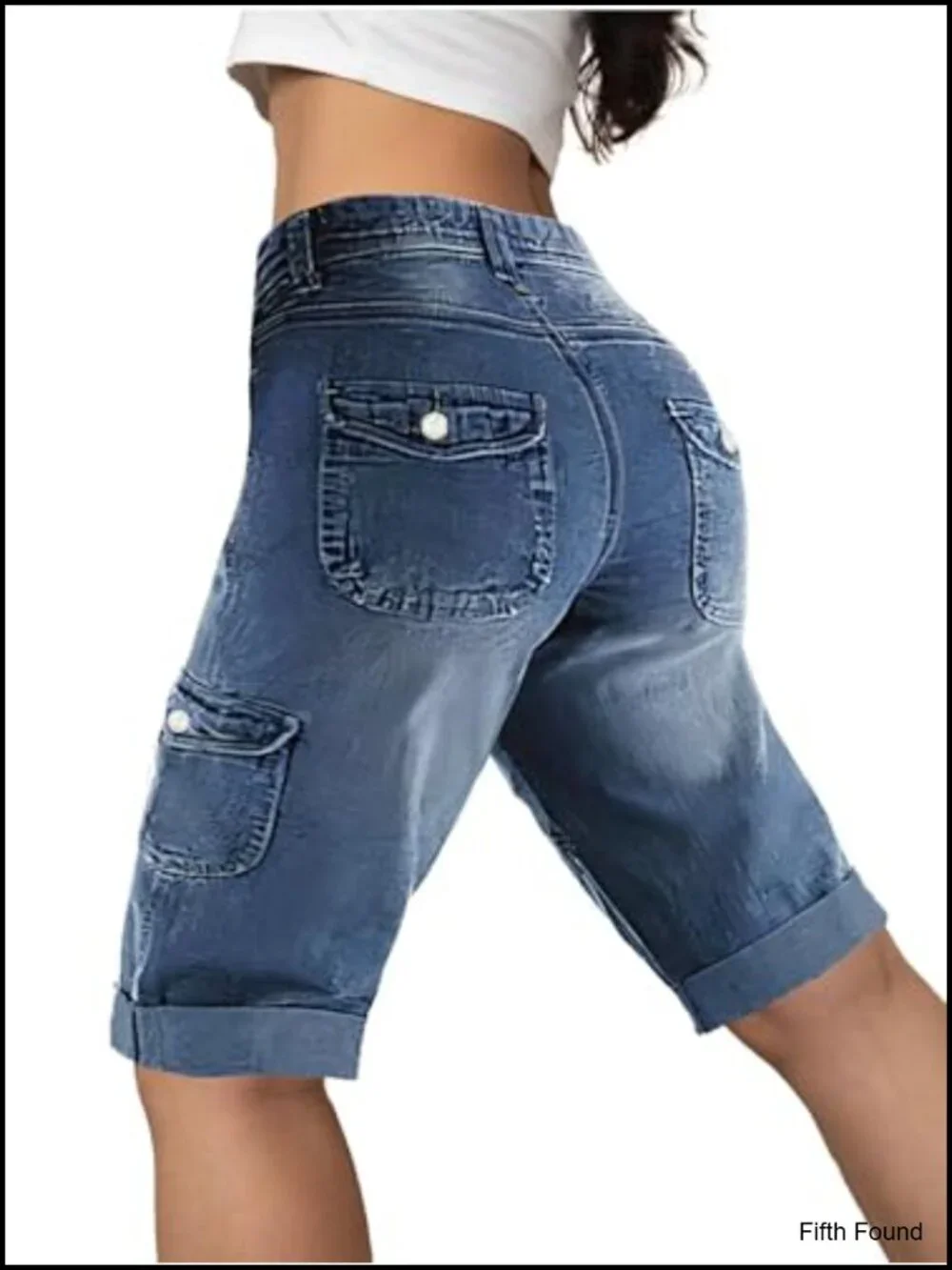 Mid Rise Bermuda Denim Shorts with Flap Pockets Roll Hem Straight Leg